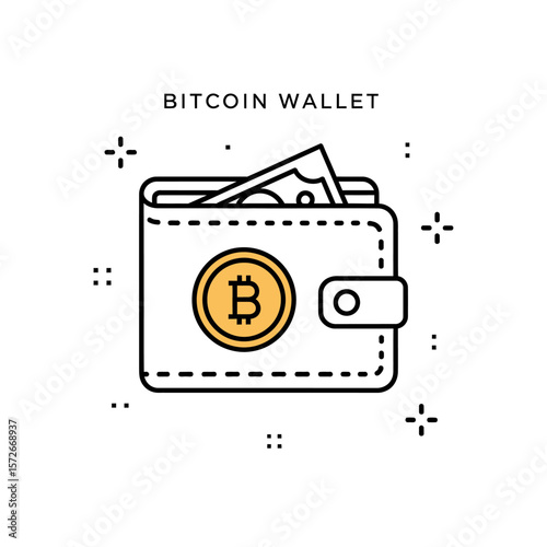 Illustration of a bitcoin wallet with money inside on white background