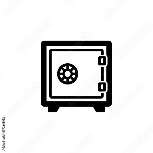 Illustration of a closed safe with a combination lock and handle