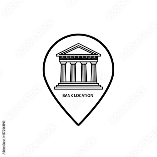 Bank location icon with building in pin on a white background