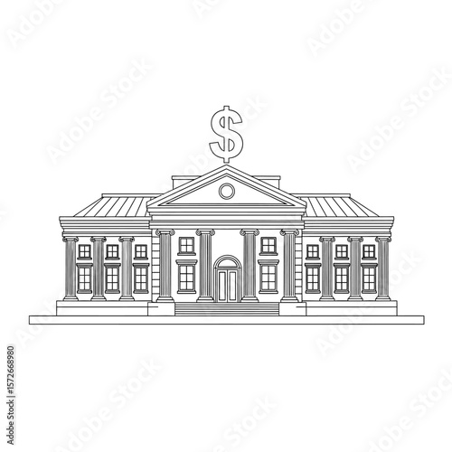 Illustration of a bank building with dollar sign on top in black