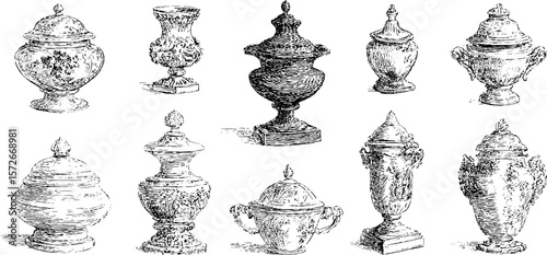 Vintage collection of ornate urns and vases hand drawn engravings for design and decor