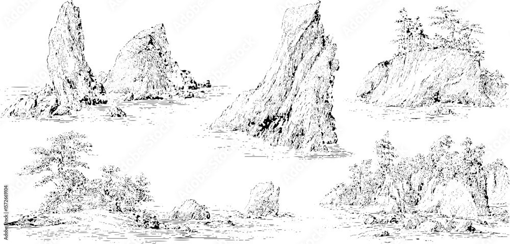 Obraz premium Vintage coastal landforms black and white hand drawn engravings for art and design