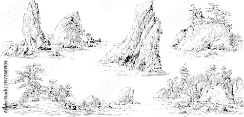 Vintage coastal landforms black and white hand drawn engravings for art and design
