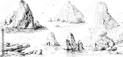 Vintage coastal landscape sketch set in black and white engraving for retro design