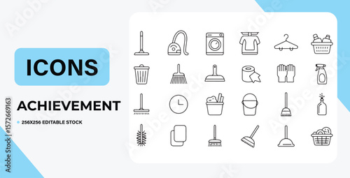 Achievement Icons Cleaning, Laundry, and Household Tasks Line Art Graphics
