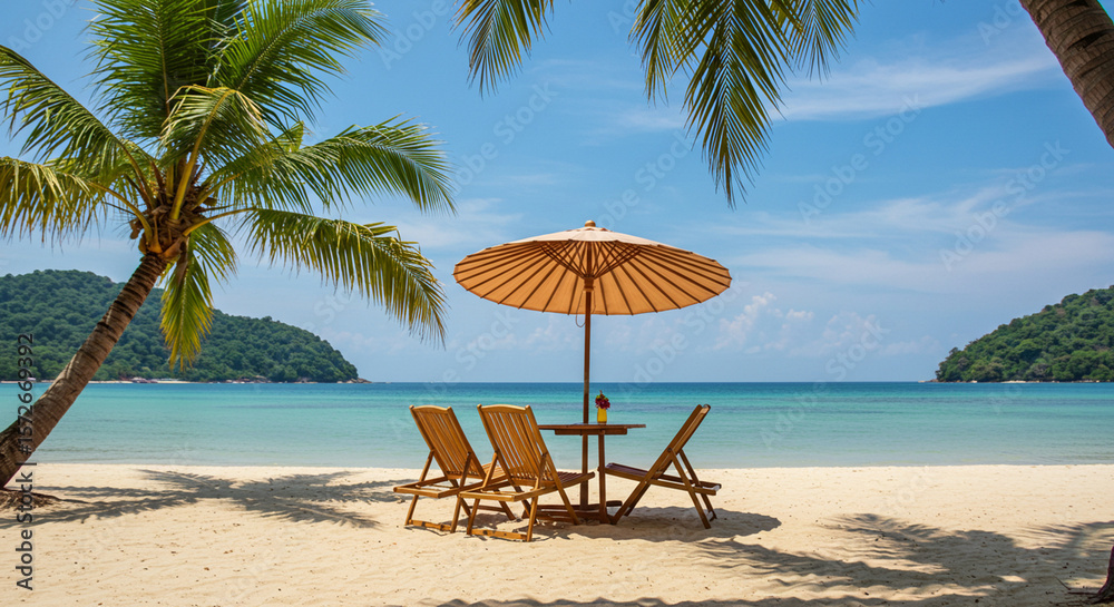 Obraz premium Tropical beach scene featuring palm trees, sun umbrella, and wooden chairs, with ocean view.
