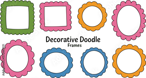 A collection of colorful decorative doodle frames and borders with scalloped edges in various shapes including square and circular for graphic design and scrapbooking