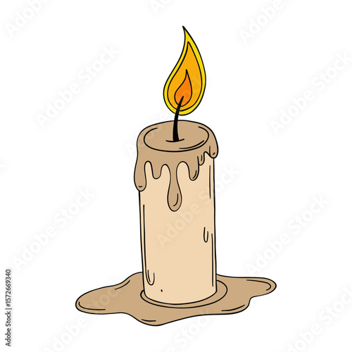 Old and vintage candle wax light fire with melted effect. Romantic, cozy, spiritual, birthday, anniversary or Halloween occasion line art element collection 