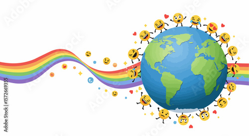 “Vertical Flyer Vector for World Emoji Day with Globe, Emojis, and Rainbow Ribbon”
