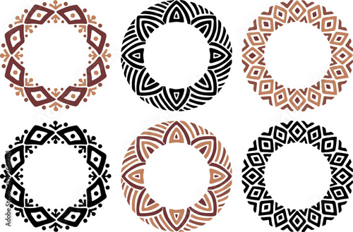 A set of African decorative circle ornament vector illustration. Hand drawn circular ethnic art for bohemian interior design. Tribal pattern for plate, rug or other round printing design. Ring art.