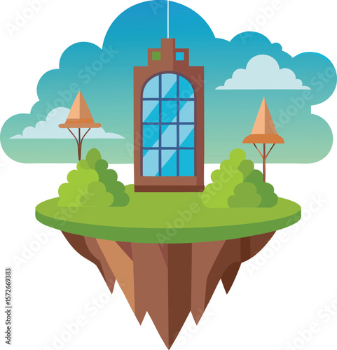 Floating Island with Surreal Windows White Background