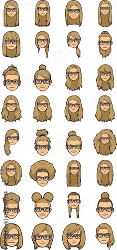 set of girl face with different hairstyle