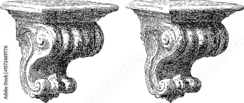 Vintage corbel architectural elements in black and white engraving for design and decor