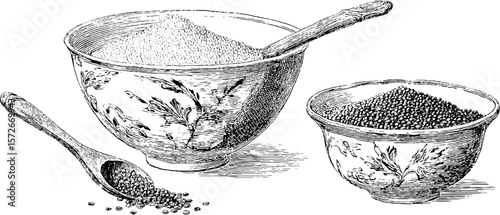Vintage hand drawn engraving illustration of bowls and spoon with grains - retro kitchenware design