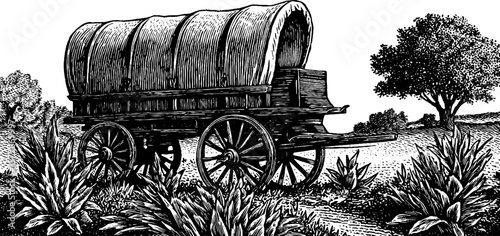 Vintage black and white engraving of covered wagon with scenic landscape