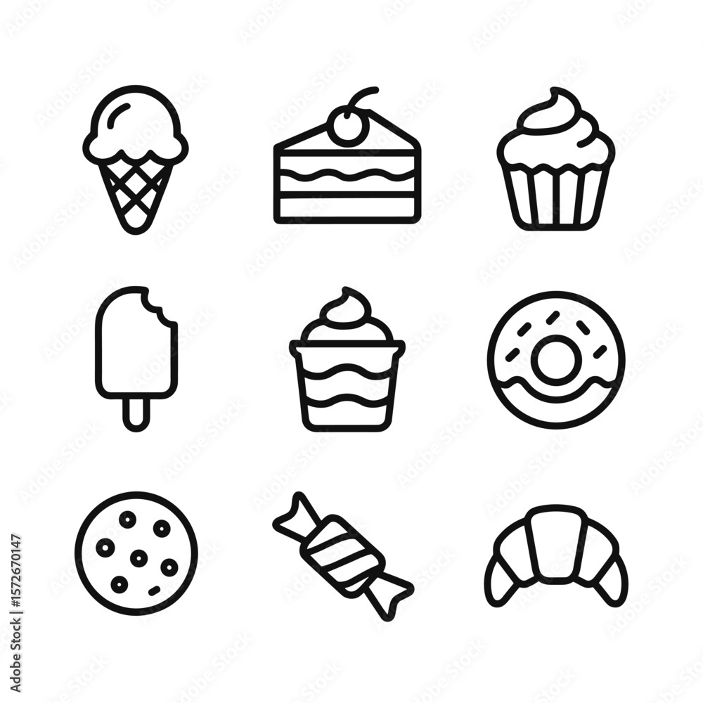 Sweet treats vector icons collection. Outline symbols. Line design