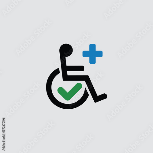 Minimalist Icon Wheelchair User Healthcare Accessibility Symbol Green Checkmark Blue Cross Black Silhouette Simple Graphic Design