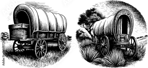 Vintage covered wagons in black and white engraving illustration for retro design