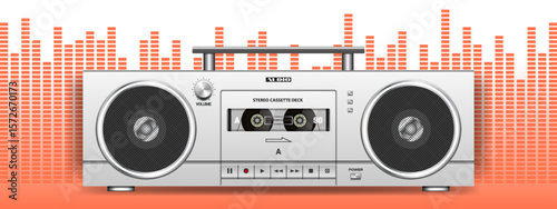 Vector white portable vintage stereo tape recorder with cassette deck and speakers in a modern design. Audio recording device. Retro music gadget. Sound system. Equalizer