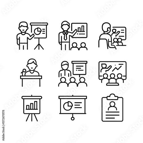 Academic presentation vector icons set. Outline symbols. Line design