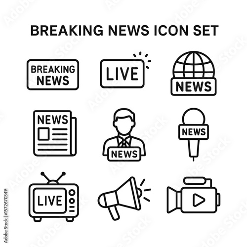 Breaking news journalism icons. Outline symbols. Line design