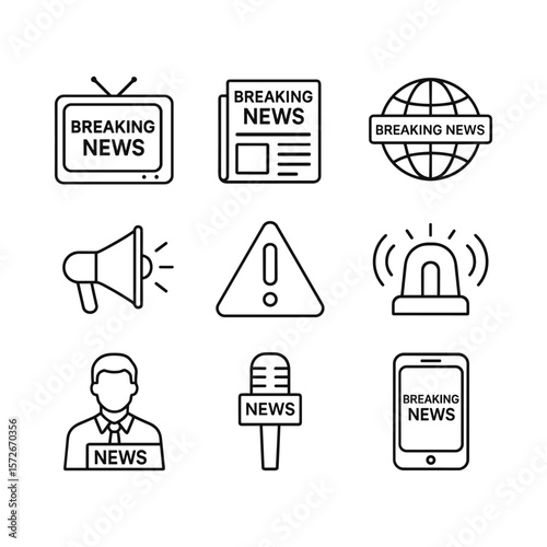 Breaking news vector icons collection. Outline symbols. Line design