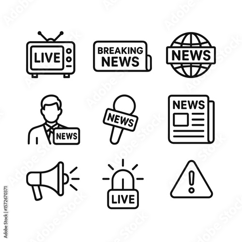 Breaking news communication icons. Outline symbols. Line design