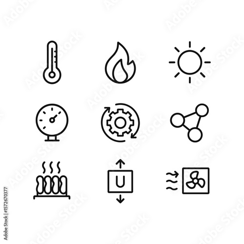 Thermodynamics vector icons collection. Outline symbols. Line design