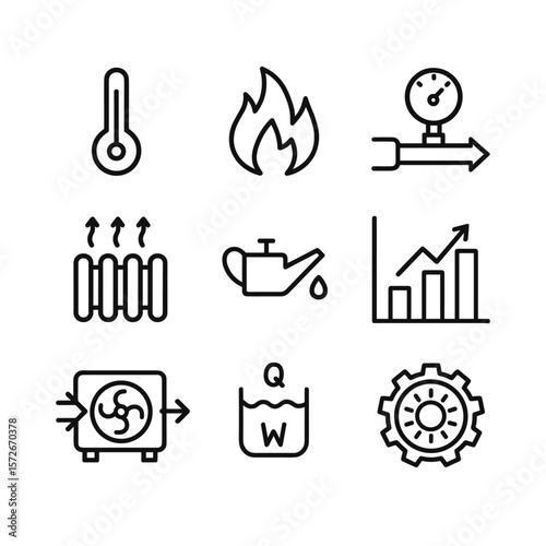 Thermodynamics physics icons set. Outline symbols. Line design