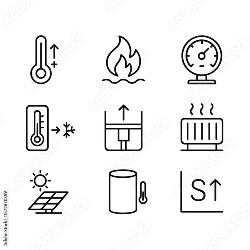 Thermodynamics energy vector icons. Outline symbols. Line design