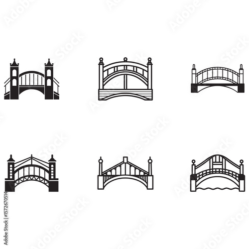 Collection of Six Simple Bridge Illustrations  Arch, Suspension, and Truss Designs