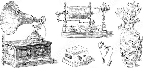 Vintage hand drawn engravings of antique phonograph, floral vase, and radio components