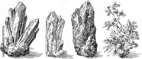Black and white vintage engravings of crystals and mineral specimens for design