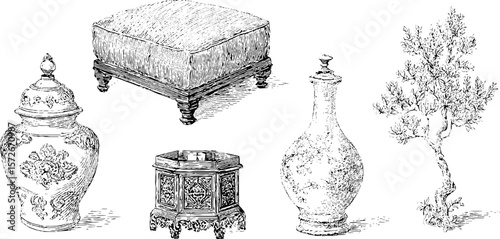 Vintage engraving set: cushioned ottoman, vases, and decorative tree sketch for retro design