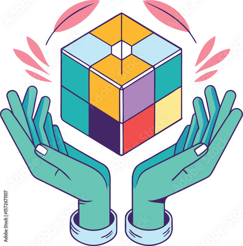 hands holding a surreal cube white clear background