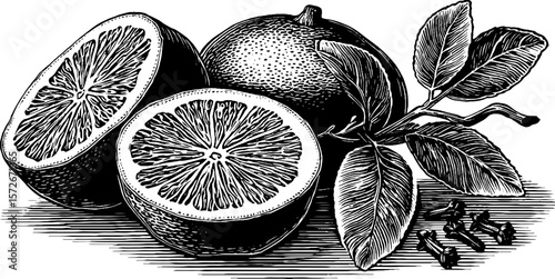 Vintage black and white citrus engraving with cloves and leaves - perfect for retro design