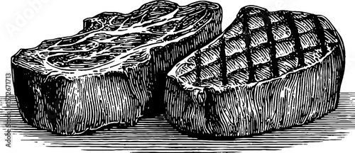 Black and white vintage engraving of steak cuts for culinary design