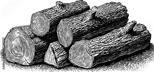 Hand drawn woodcut of firewood set - black and white engraving illustration for retro design