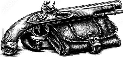 Vintage flintlock pistol and holster sketch for retro design and decoration