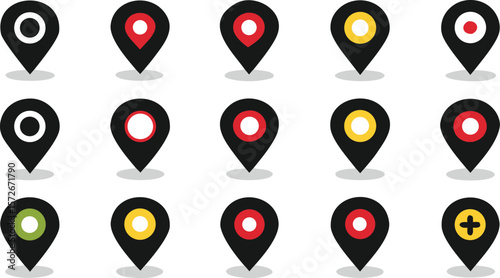 Vector art of a set of colorful map pin icons indicates various locations on a white background