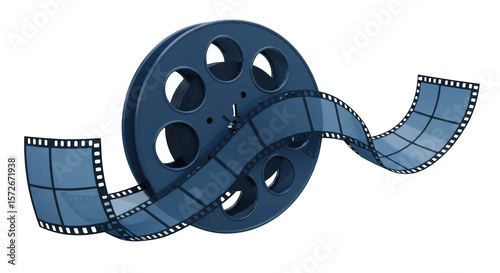 Classic blue film reel with unwinding strip of cinematic film isolated on transparent background