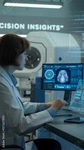 Precision Insights: A scientist meticulously analyzes intricate data displayed on a computer screen, within a state-of-the-art laboratory, embodying the intersection of science and technology
