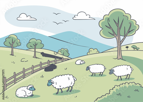 A peaceful flock of fluffy white sheep grazing in a wide green pasture under a clear blue sky.