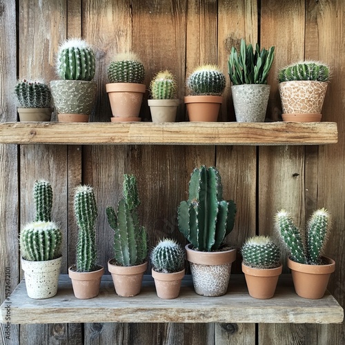 A collection of cacti displayed on a rustic wooden shelf.
