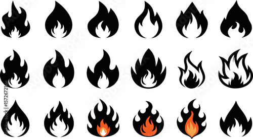Vector art of a set of stylized fire icons showing various flame shapes and burning intensity