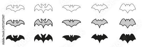 Spooky Bat Silhouettes In Line, Outline, And Glyph Icon Set. Flying Horror, Nocturnal Creature And Halloween Symbol Collection. Isolated Vector Illustration