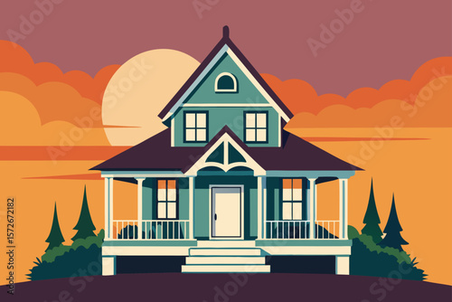 Victorian Style Cottage With Wrap Around Porch Sunny Day