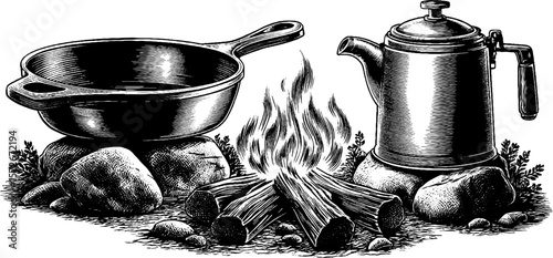 Vintage cooking scene with frying pan, kettle, and campfire illustration for retro design