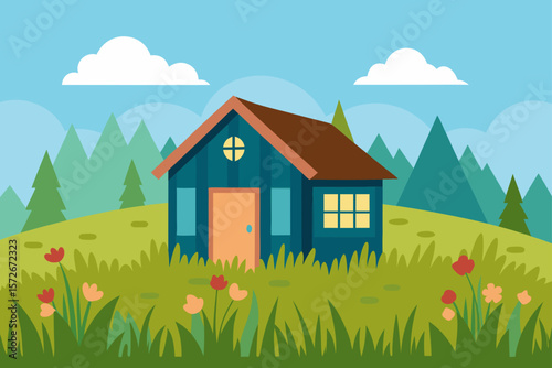 Small Cabin In Countryside Surrounded By Wildflowers