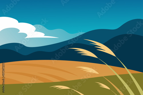 Prairie Landscape With Tall Waving Grass Under A Clear Sky